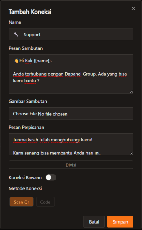 Tampilan Koneksi yang sudah diisi